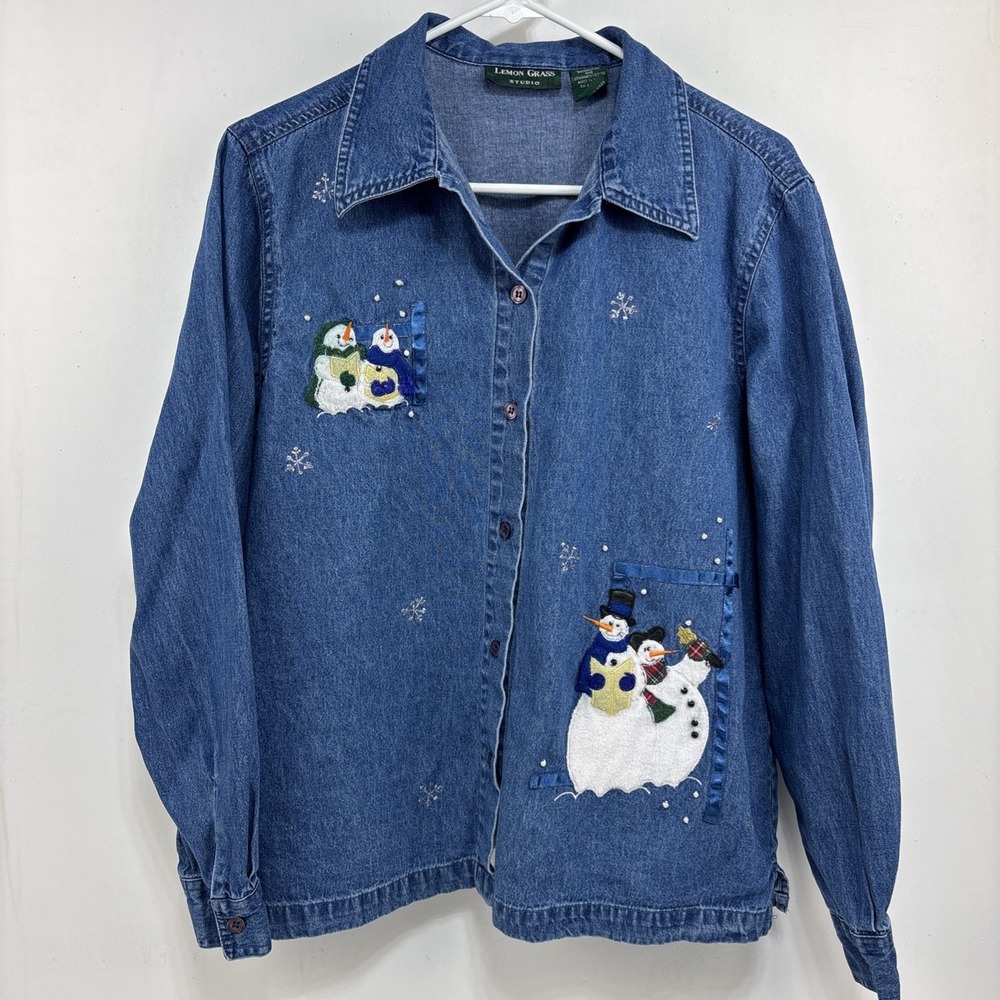 Lemon Grass Studio Denim Shirt Womens XL‎ Blue Excellent Snowman Embroidered Top